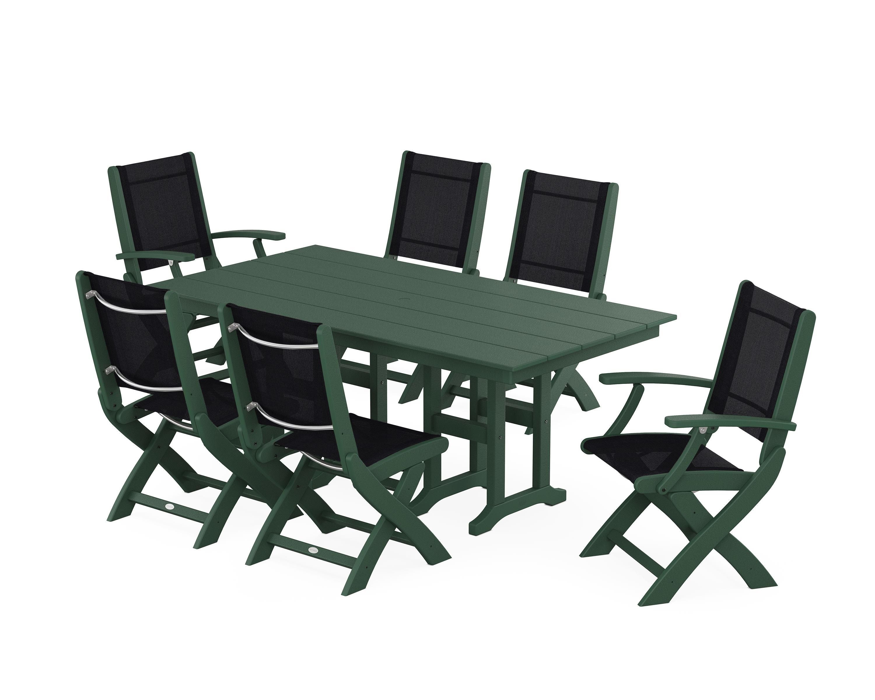 POLYWOOD® Coastal Folding Chair 7-Piece Farmhouse Dining Set in Green / Black Sling