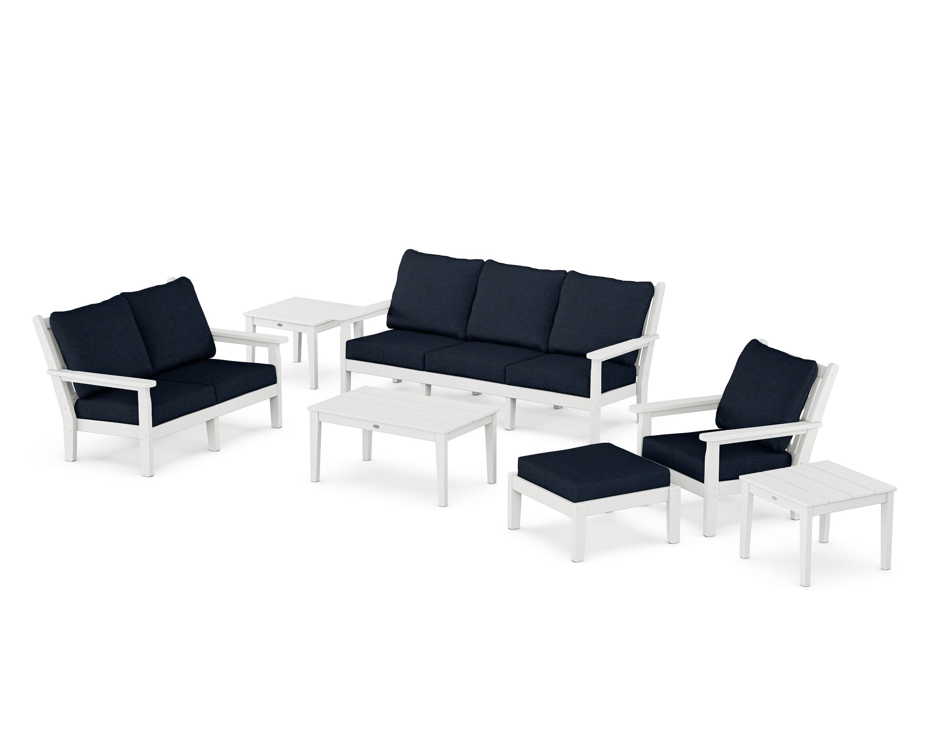 POLYWOOD® Chippendale 7-Piece Deep Seating Set in White / Marine Indigo