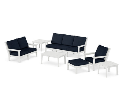 POLYWOOD® Chippendale 7-Piece Deep Seating Set in White / Marine Indigo