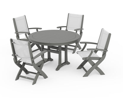 POLYWOOD® Coastal Folding Chair 5-Piece Round Dining Set with Trestle Legs in Slate Grey / White Sling