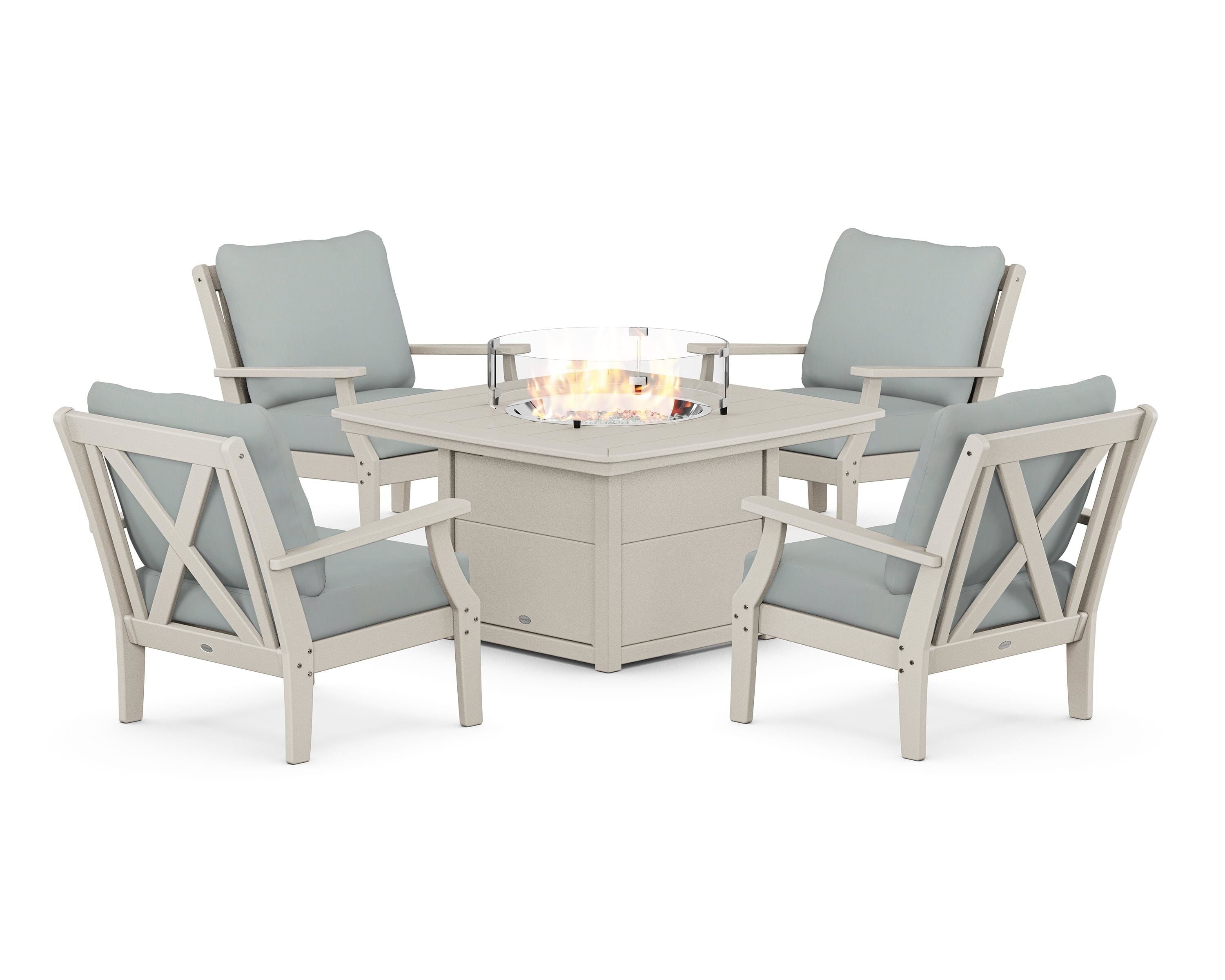 POLYWOOD® Braxton 5-Piece Deep Seating Conversation Set with Fire Pit Table in Sand / Spa