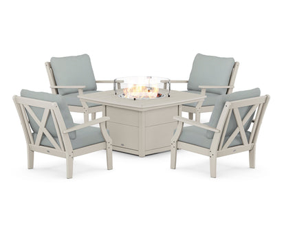 POLYWOOD® Braxton 5-Piece Deep Seating Conversation Set with Fire Pit Table in Sand / Spa
