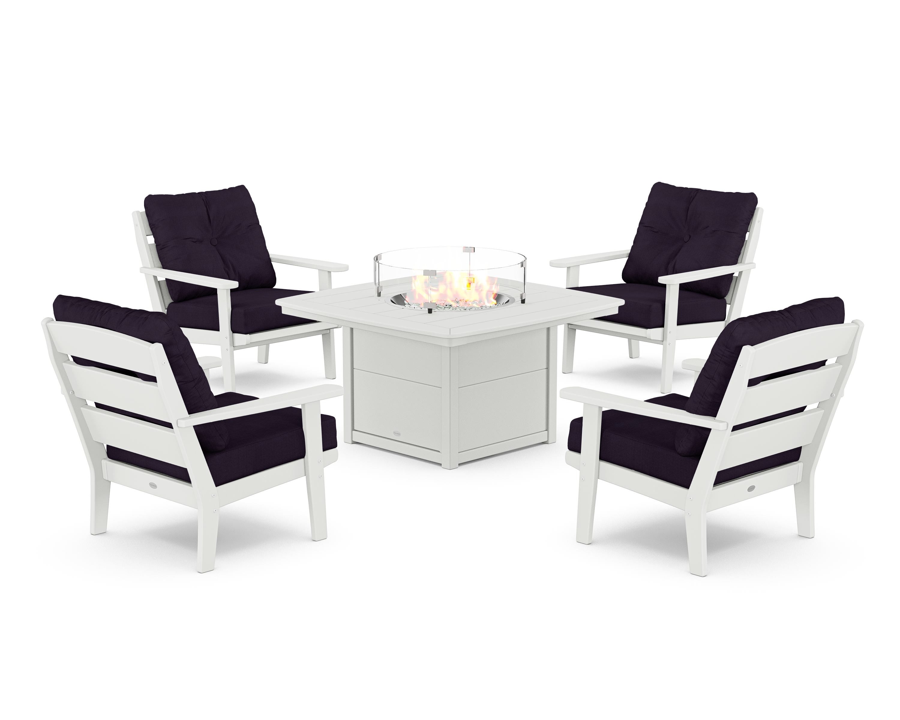 POLYWOOD® Lakeside 5-Piece Deep Seating Set with Nautical Fire Pit Table in White / Navy Linen
