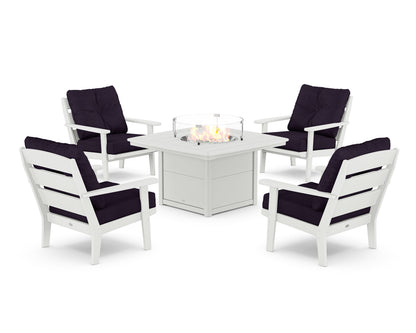 POLYWOOD® Lakeside 5-Piece Deep Seating Set with Nautical Fire Pit Table in White / Navy Linen