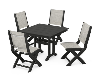 POLYWOOD® Coastal Folding Side Chair 5-Piece Farmhouse Dining Set With Trestle Legs in Black / Birch Sling