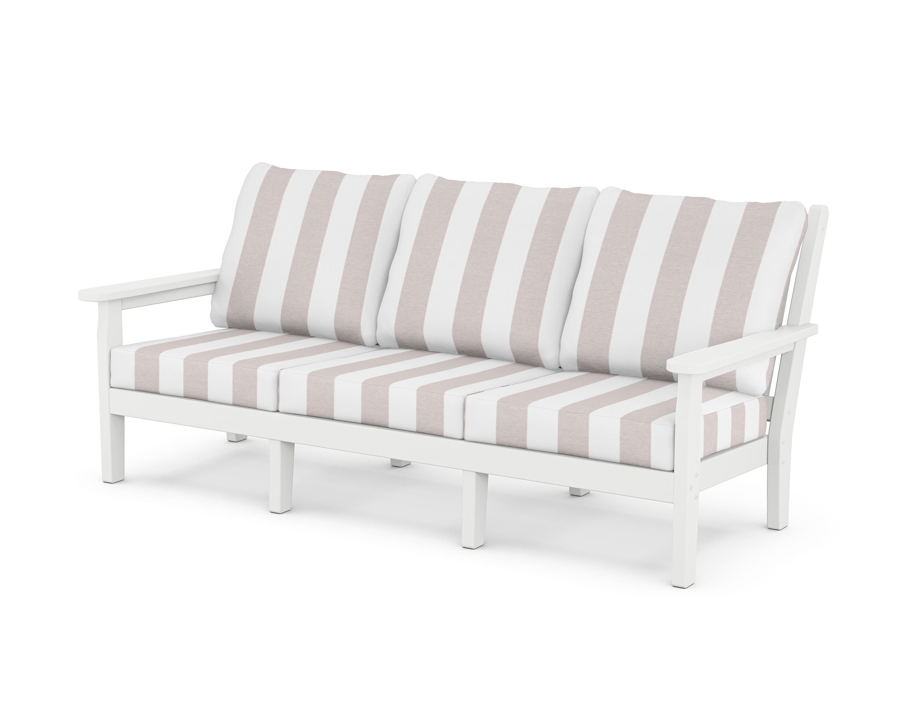 POLYWOOD® Chippendale Deep Seating Sofa in White / Cabana Stripe Dune Burlap