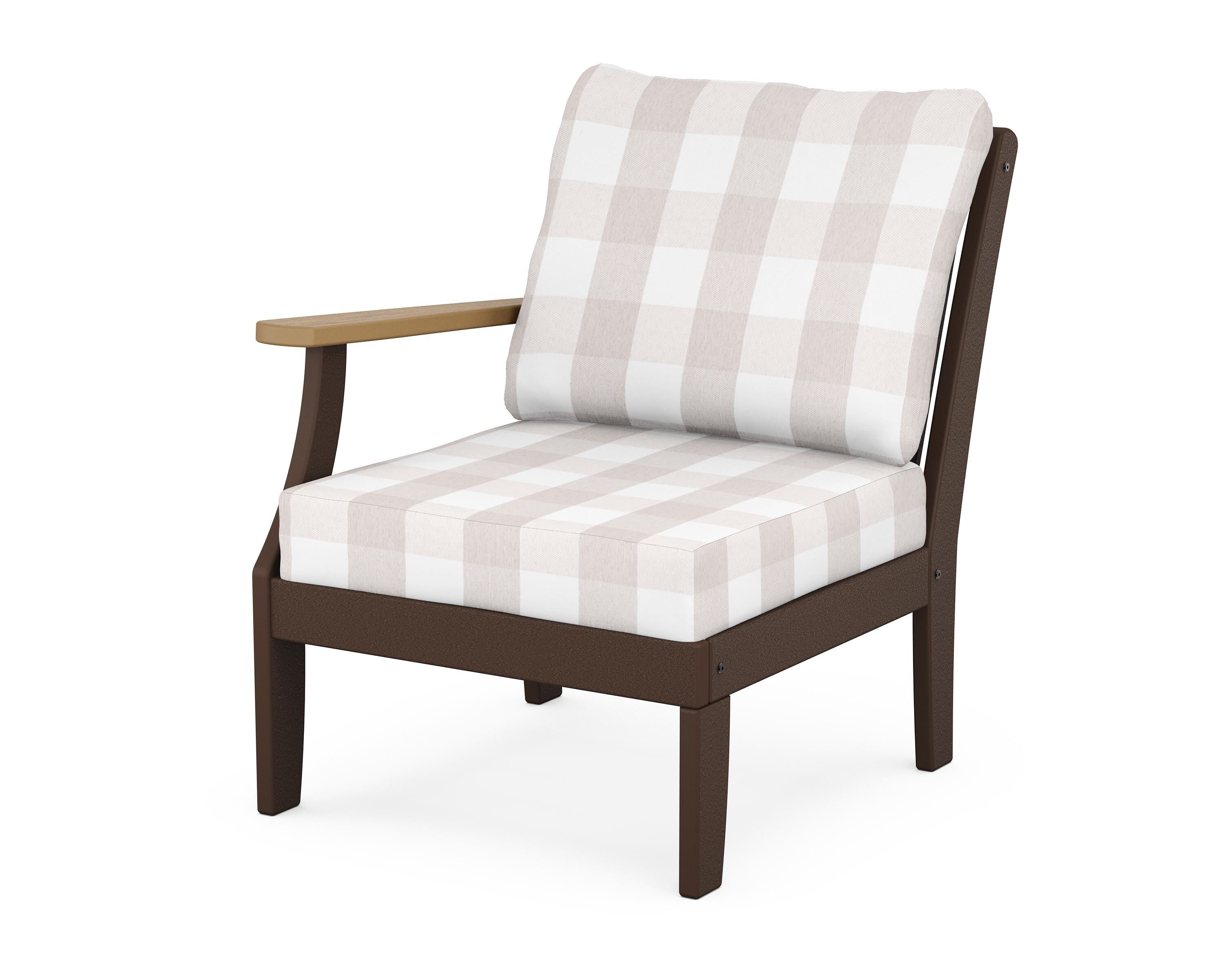 POLYWOOD® Braxton Modular Left Arm Chair in Mahogany / Natural / Buffalo Plaid Dune Burlap