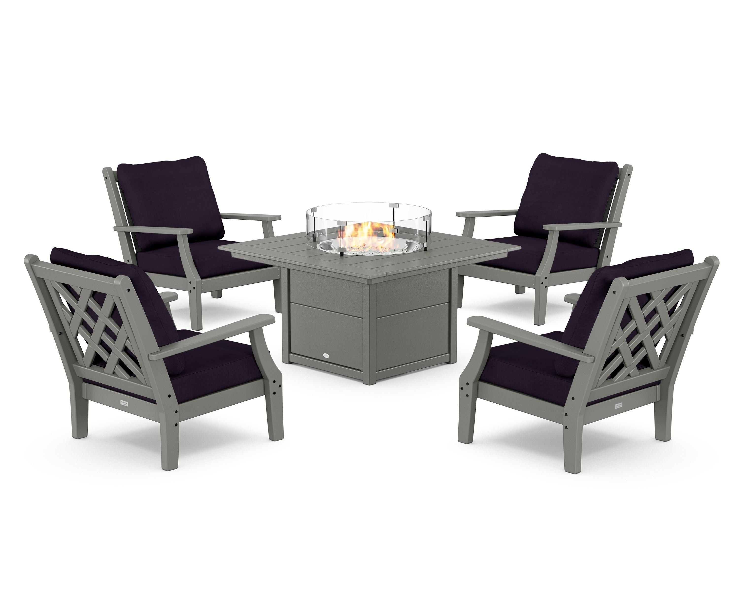 Country Living Wovendale 5-Piece Deep Seating Set with Fire Pit Table in Slate Grey / Navy Linen