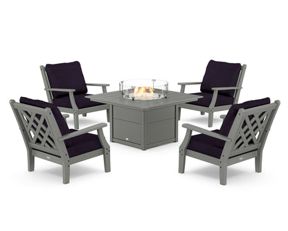 Country Living Wovendale 5-Piece Deep Seating Set with Fire Pit Table in Slate Grey / Navy Linen