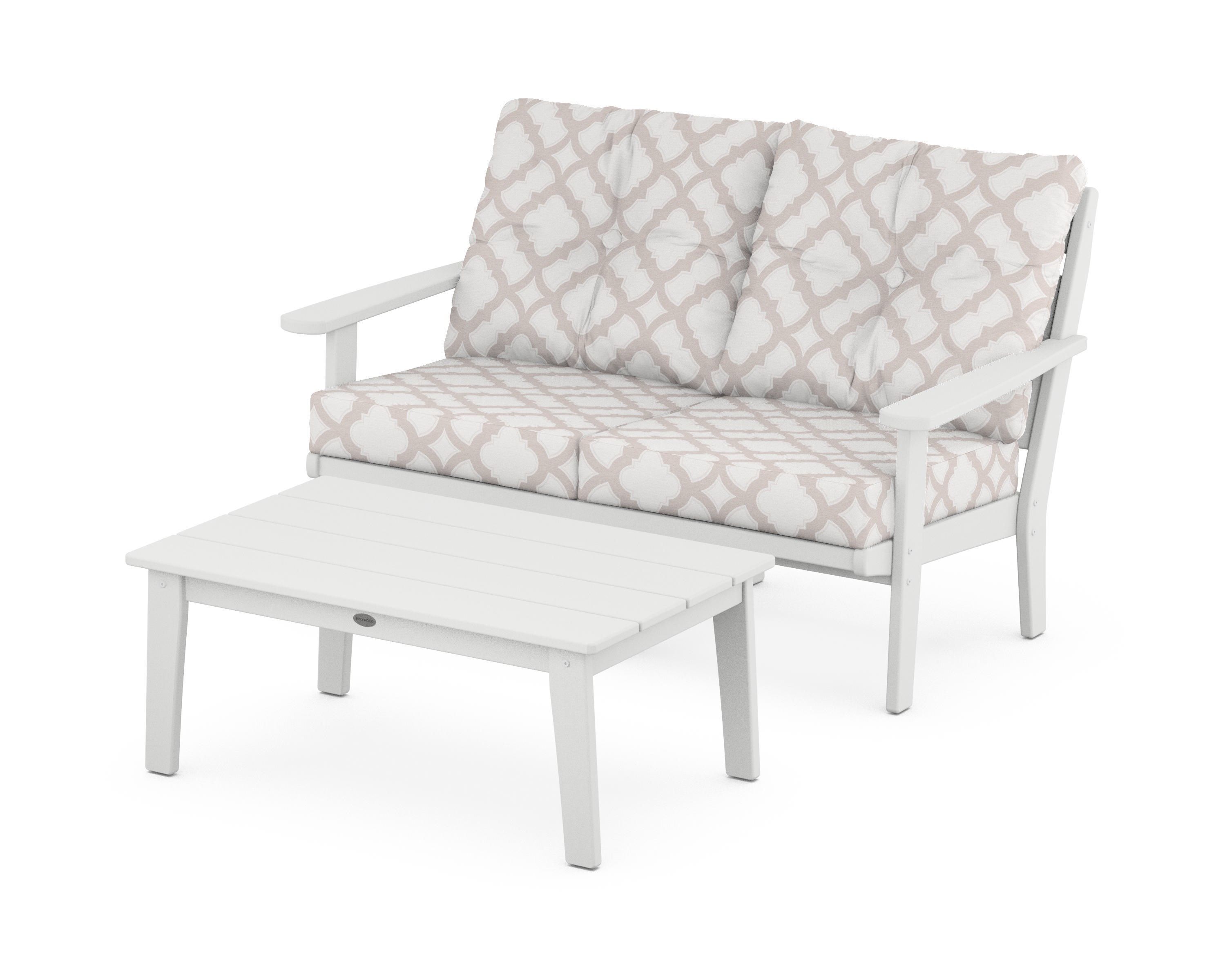 POLYWOOD® Lakeside 2-Piece Lounge Loveseat Set in White / Trellis Dune Burlap