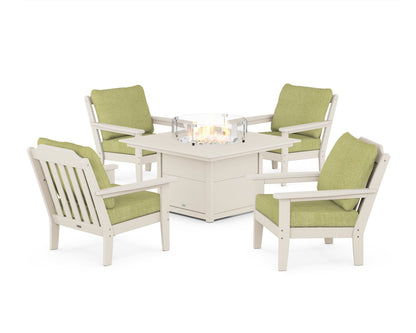 Country Living Cottage 5-Piece Deep Seating Set with Fire Pit Table in Sand / Chartreuse Boucle