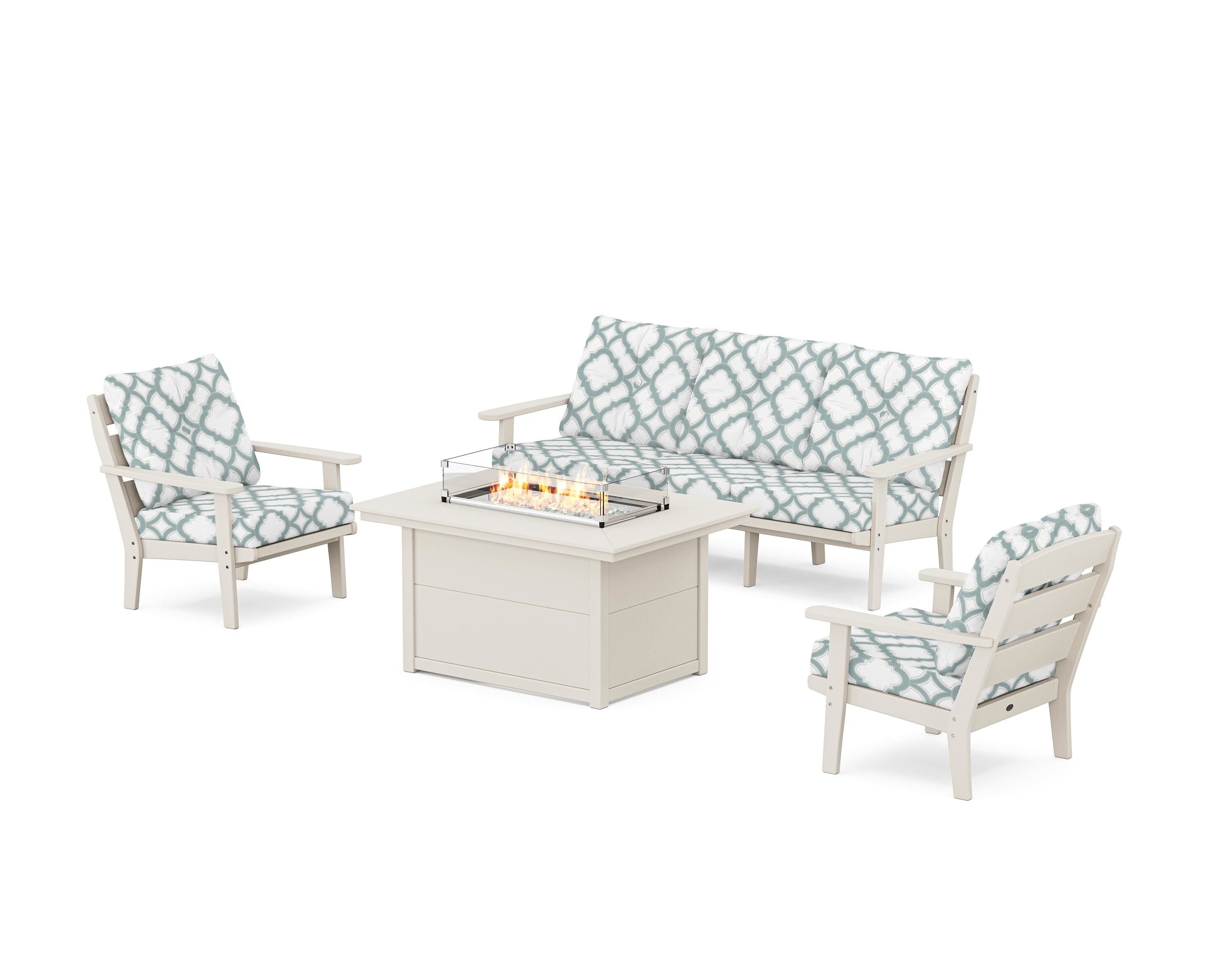 POLYWOOD® Lakeside Deep Seating Fire Pit Table Set in Sand / Trellis Glacier Spa