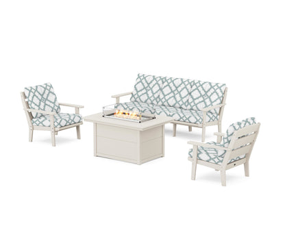 POLYWOOD® Lakeside Deep Seating Fire Pit Table Set in Sand / Trellis Glacier Spa