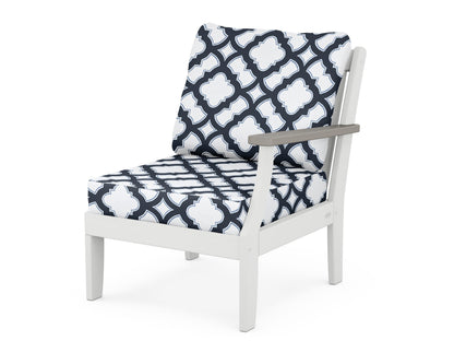 POLYWOOD® Braxton Modular Right Arm Chair in White / Driftwood / Trellis Marine Indigo
