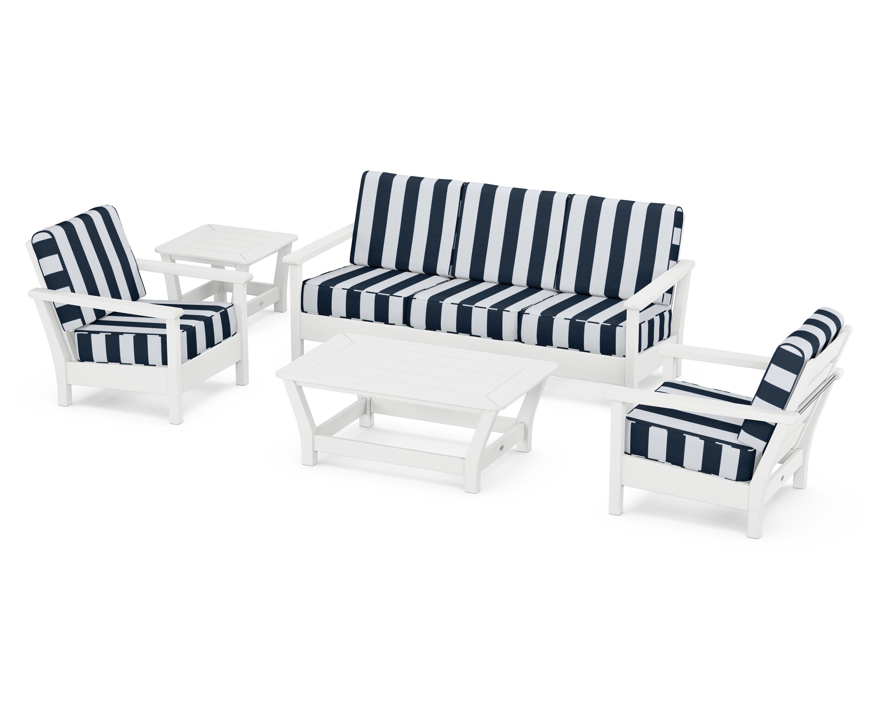 POLYWOOD® Harbour 5-Piece Deep Seating Set in White / Cabana Stripe Marine Indigo