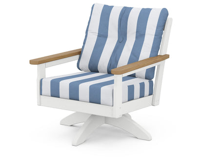 POLYWOOD® Vineyard Deep Seating Swivel Chair in White / Natural / Cabana Stripe Sky Blue