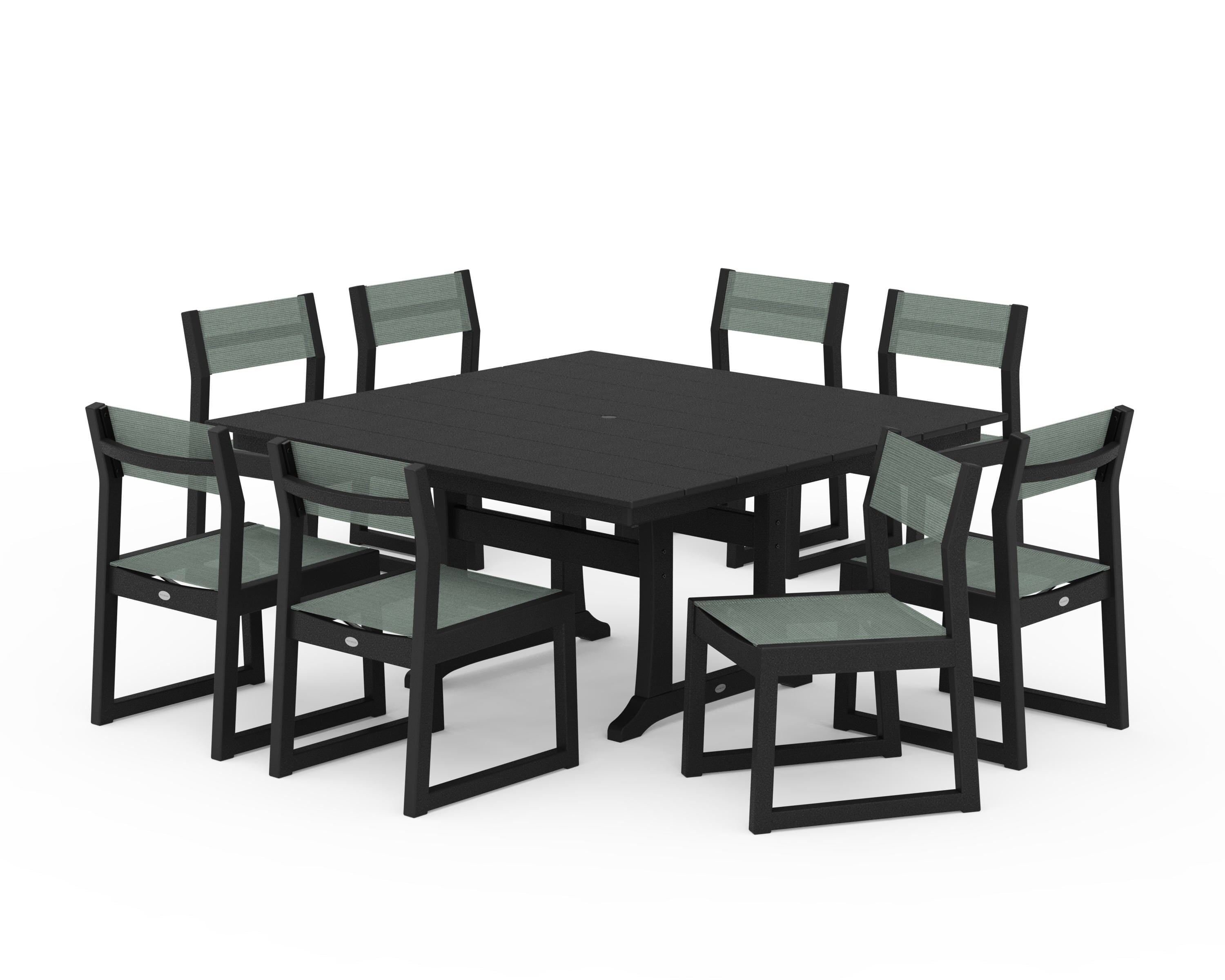 POLYWOOD® EDGE Sling Side Chair 9-Piece Farmhouse Trestle Dining Set in Black / Dupioni Sea Mist Sling