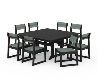 POLYWOOD® EDGE Sling Side Chair 9-Piece Farmhouse Trestle Dining Set in Black / Dupioni Sea Mist Sling