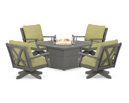 POLYWOOD® Braxton 5-Piece Deep Seating Swivel Conversation Set with Fire Pit Table in Slate Grey / Chartreuse Boucle