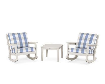 POLYWOOD® Chippendale 3-Piece Deep Seating Rocker Set in Sand / Buffalo Plaid Sky Blue