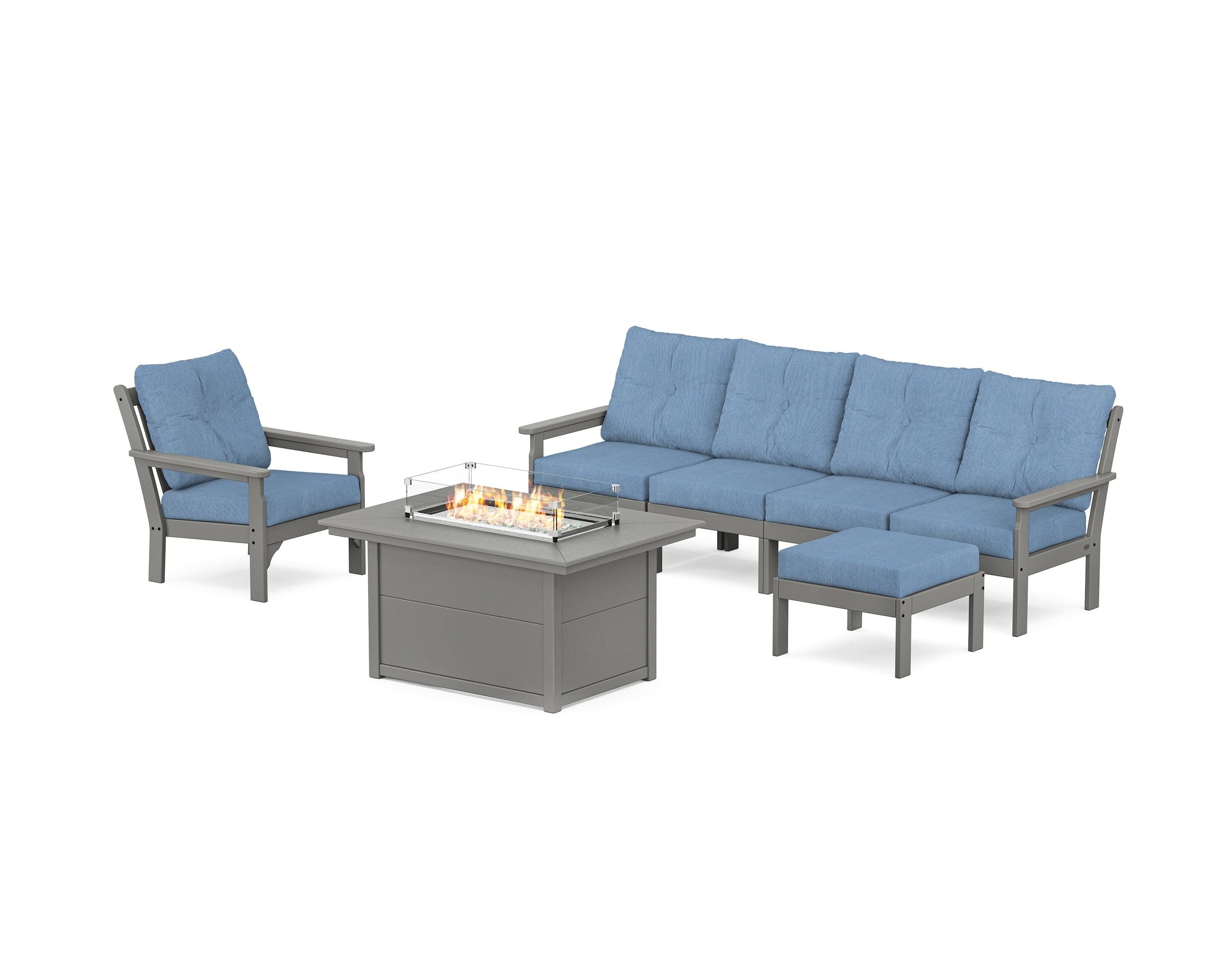POLYWOOD® Vineyard Sectional Lounge and Fire Pit Set in Slate Grey / Sky Blue