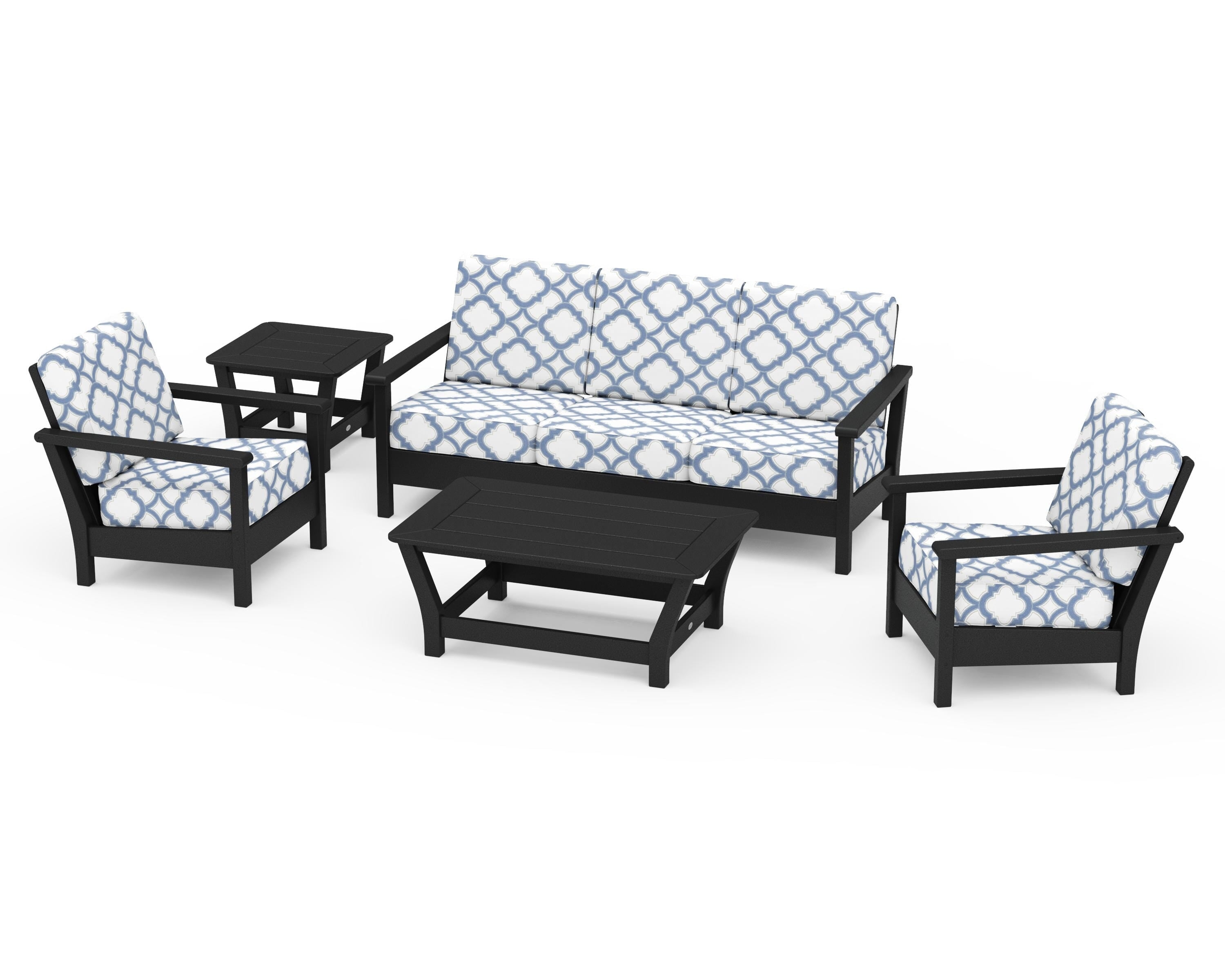 POLYWOOD® Harbour 5-Piece Deep Seating Set in Black / Trellis Sky Blue