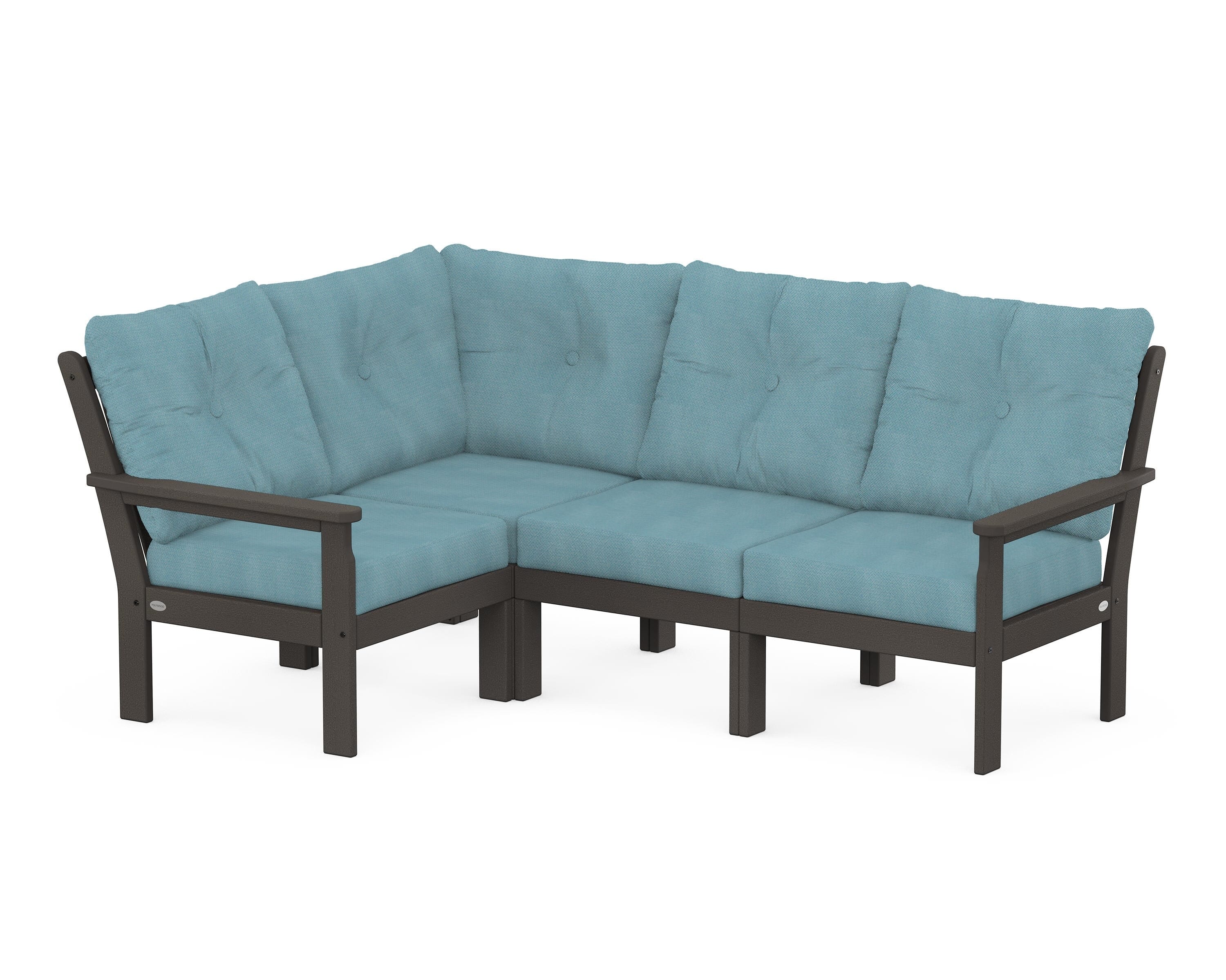 POLYWOOD® Vineyard 4-Piece Sectional in Vintage Coffee / Lattice Sky Blue