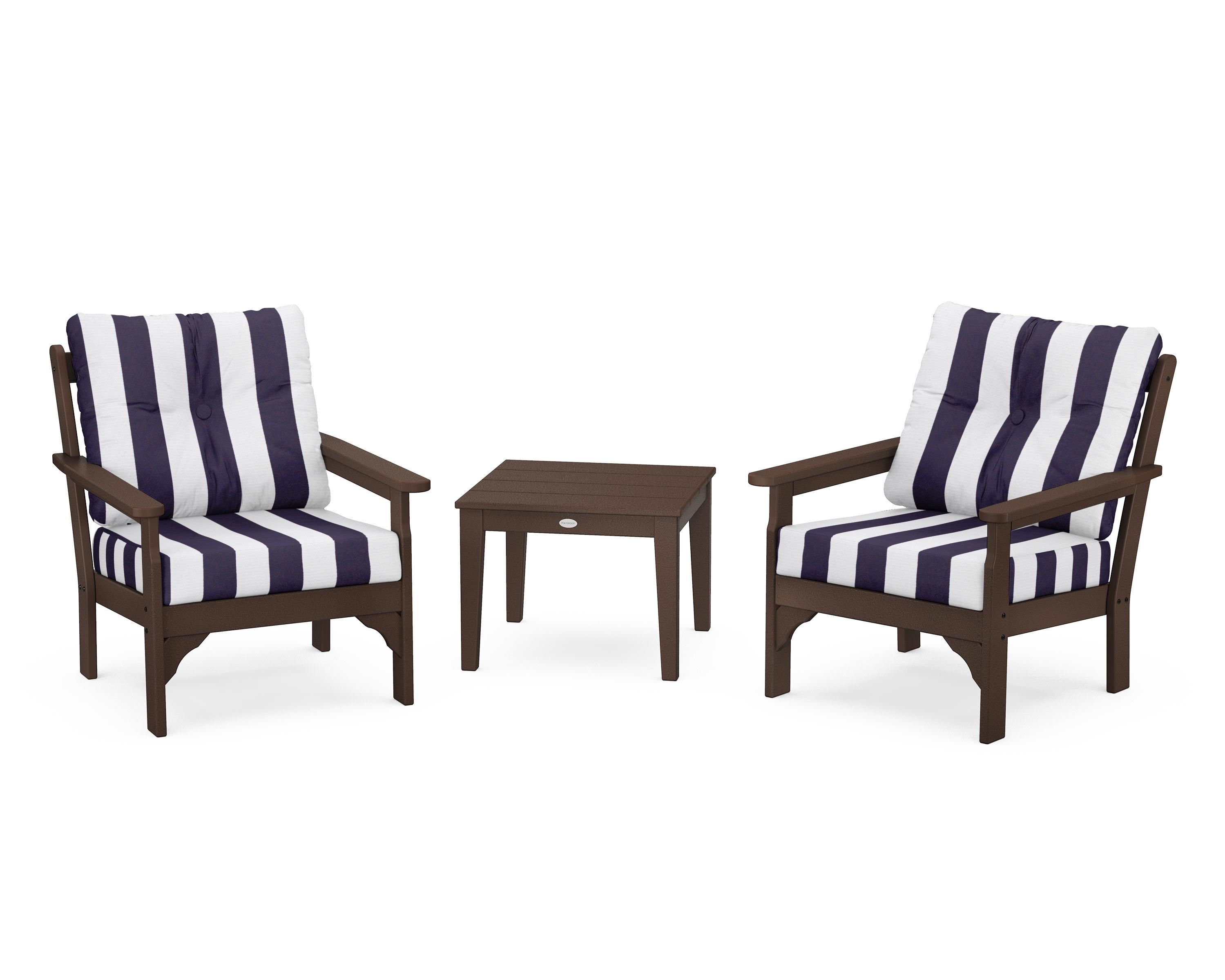 POLYWOOD® Vineyard 3-Piece Deep Seating Set in Mahogany / Cabana Stripe Navy