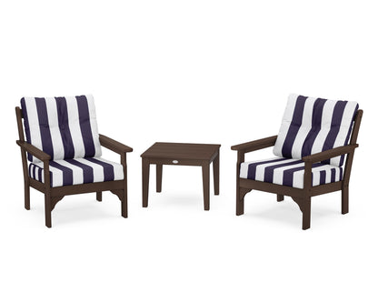 POLYWOOD® Vineyard 3-Piece Deep Seating Set in Mahogany / Cabana Stripe Navy