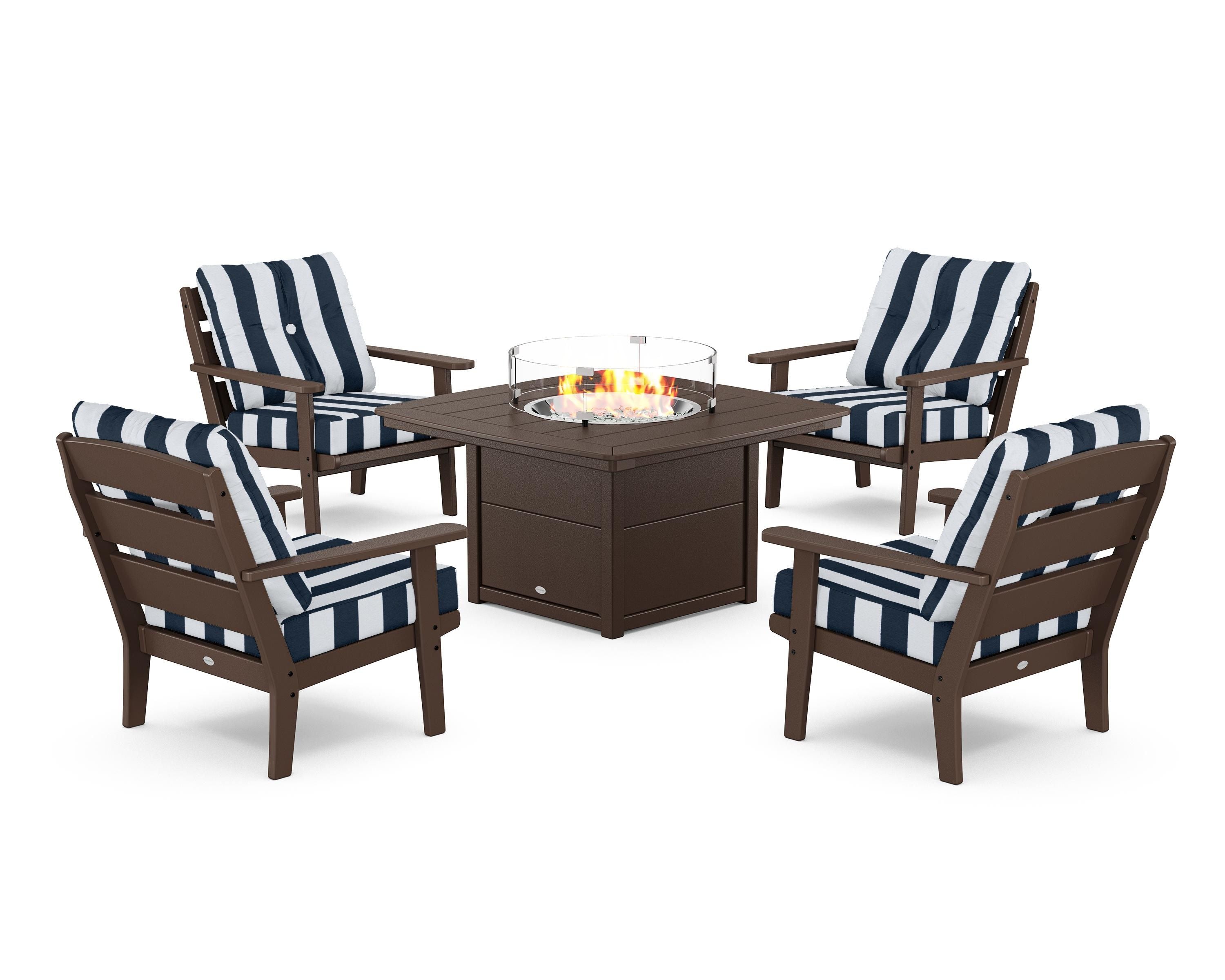 POLYWOOD® Lakeside 5-Piece Deep Seating Set with Nautical Fire Pit Table in Mahogany / Cabana Stripe Marine Indigo