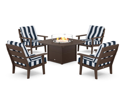 POLYWOOD® Lakeside 5-Piece Deep Seating Set with Nautical Fire Pit Table in Mahogany / Cabana Stripe Marine Indigo