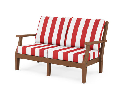 Martha Stewart by POLYWOOD® Chinoiserie Deep Seating Loveseat in Teak / Cabana Stripe Crimson