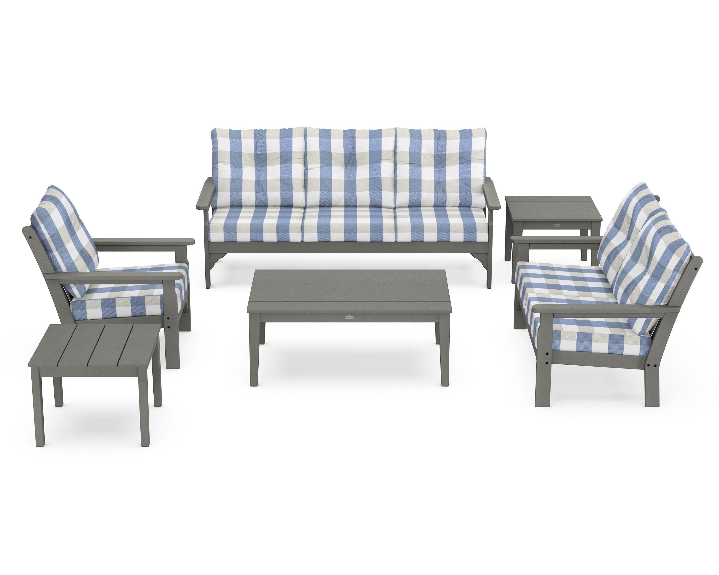 POLYWOOD® Vineyard 6-Piece Deep Seating Set in Slate Grey / Buffalo Plaid Sky Blue
