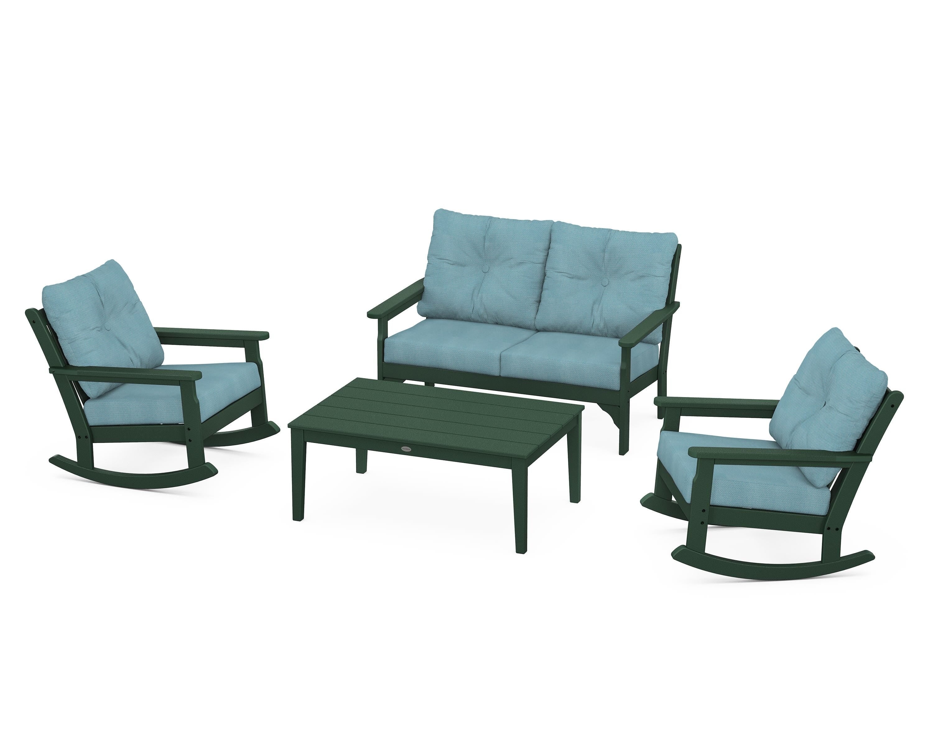 POLYWOOD® Vineyard 4-Piece Deep Seating Rocking Chair Set in Green / Lattice Sky Blue
