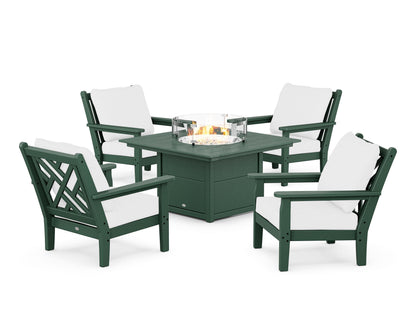POLYWOOD® Chippendale 5-Piece Deep Seating Set with Fire Pit Table in Green / Natural