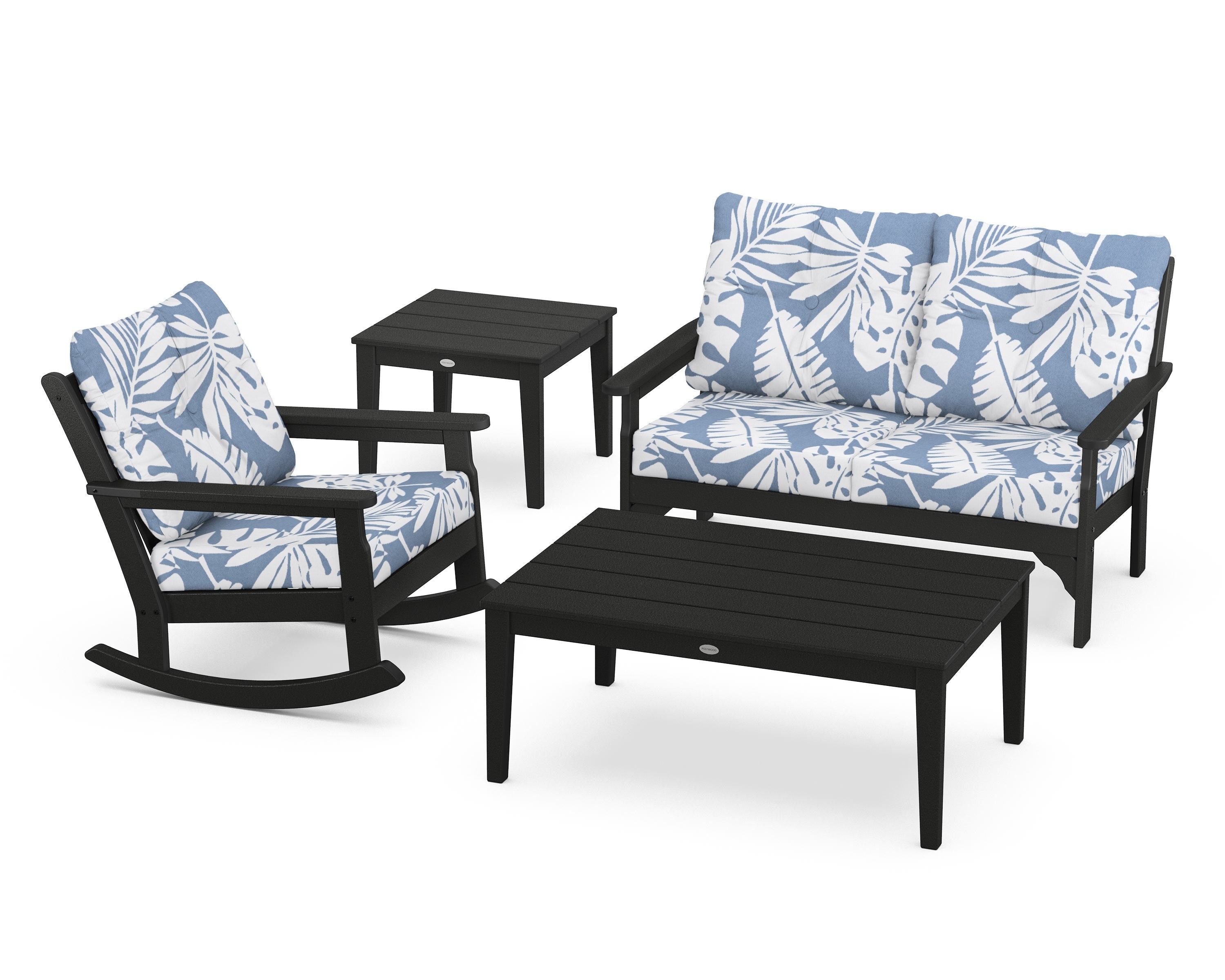 POLYWOOD® Vineyard 4-Piece Deep Seating Rocker Set in Black / Leaf Sky Blue