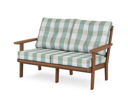 POLYWOOD® Oxford Deep Seating Loveseat in Teak / Buffalo Plaid Glacier Spa