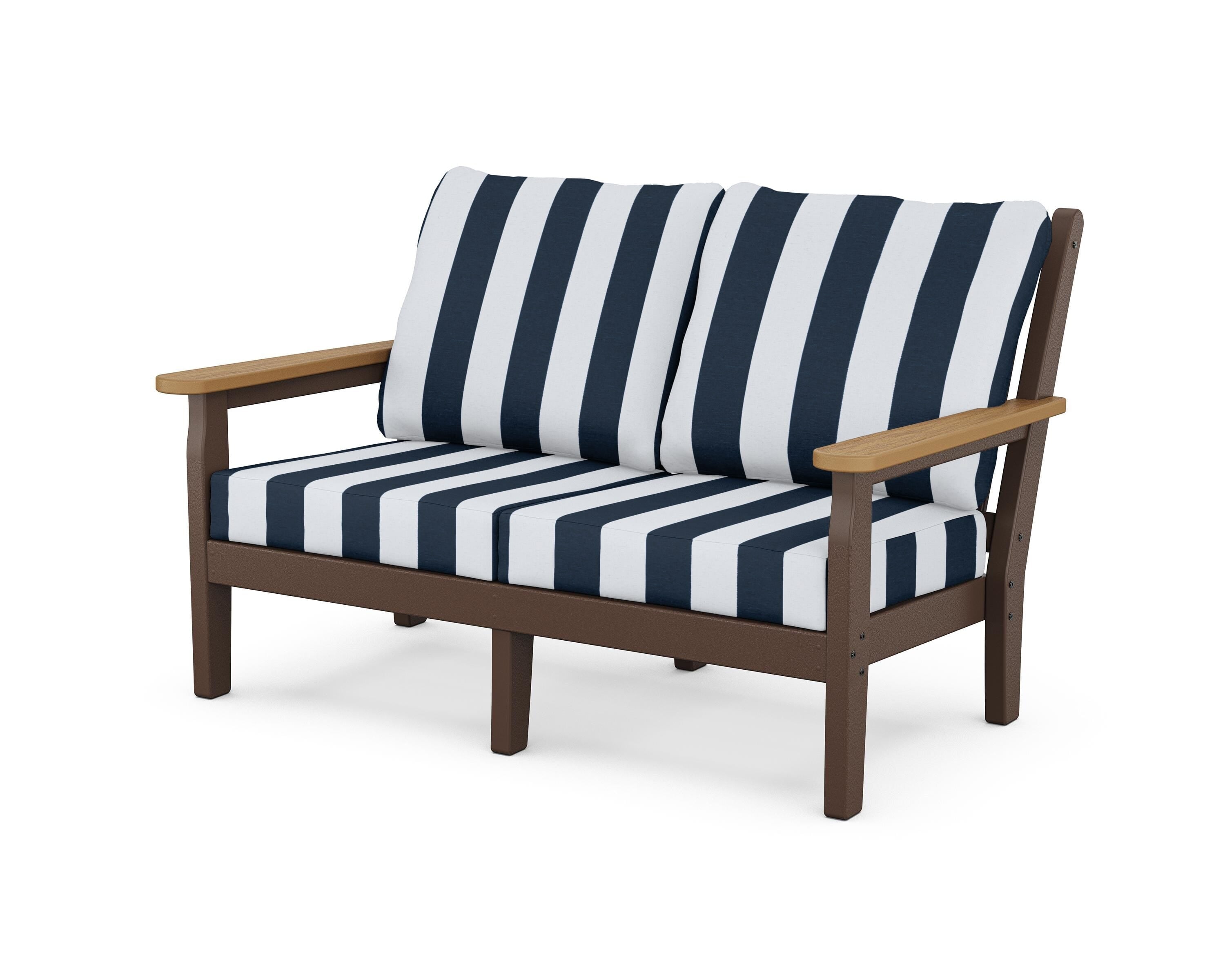 POLYWOOD® Chippendale Deep Seating Loveseat in Mahogany / Natural / Cabana Stripe Marine Indigo