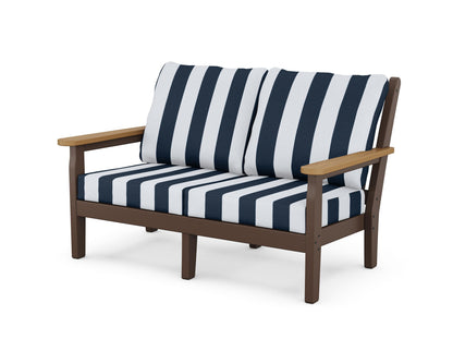 POLYWOOD® Chippendale Deep Seating Loveseat in Mahogany / Natural / Cabana Stripe Marine Indigo
