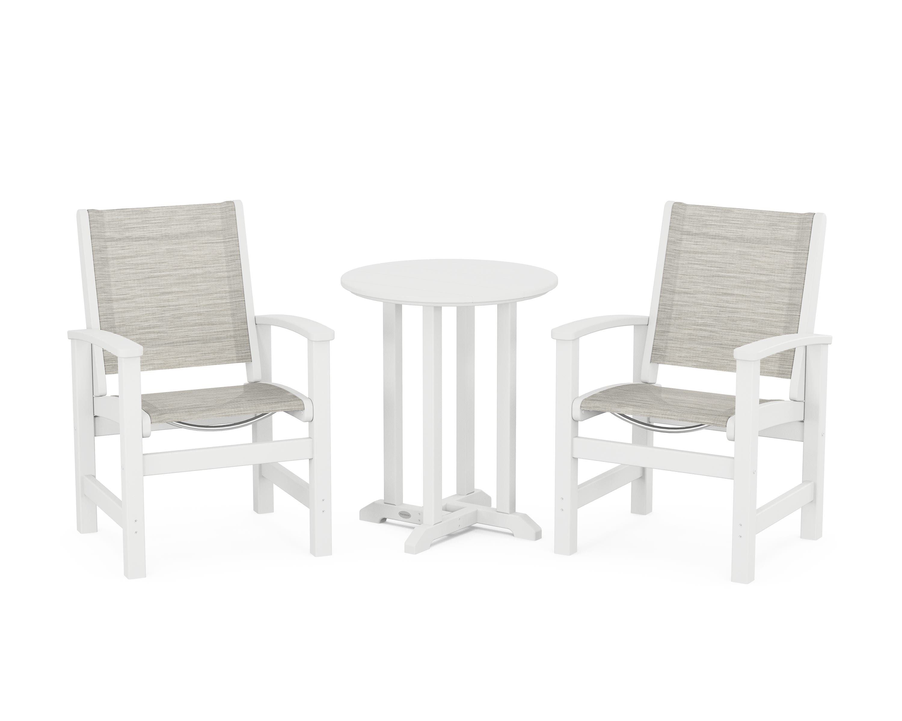 POLYWOOD® Coastal 3-Piece Round Bistro Dining Set in White / Birch Sling