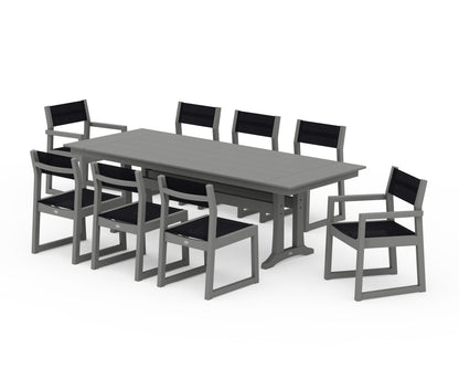 POLYWOOD® EDGE Sling 9-Piece Farmhouse Trestle Dining Set in Slate Grey / Black Sling