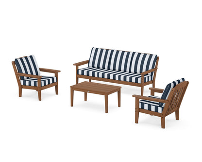 Country Living Cottage 4-Piece Deep Seating Set with Sofa in Teak / Cabana Stripe Marine Indigo