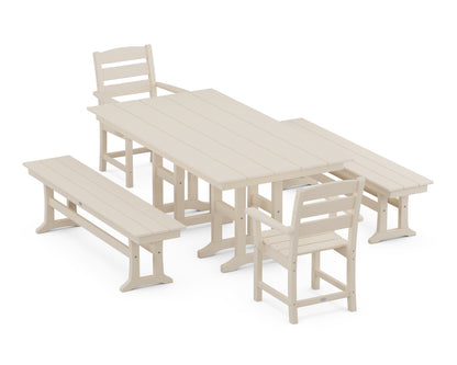 POLYWOOD® Lakeside 5-Piece Farmhouse Dining Set with Benches in Sand