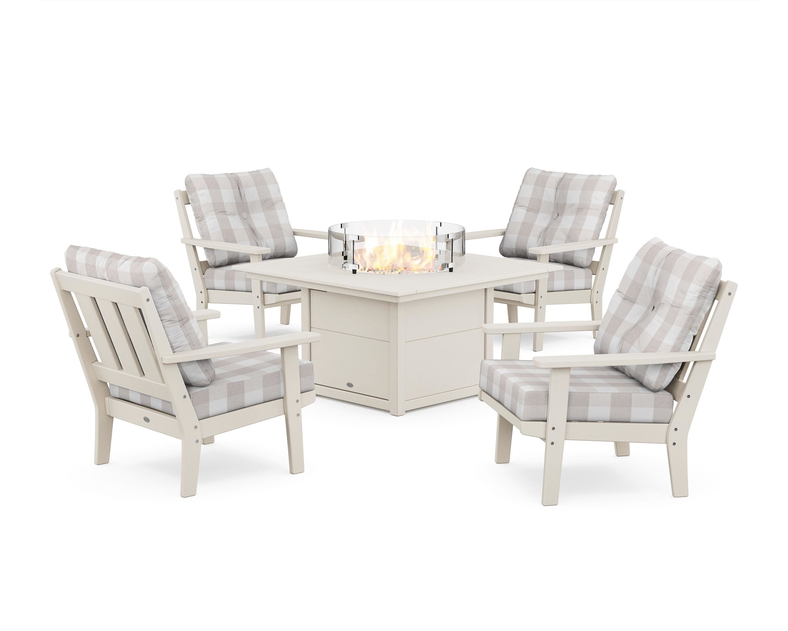 POLYWOOD® Oxford 5-Piece Deep Seating Set with Fire Pit Table in Sand / Buffalo Plaid Dune Burlap