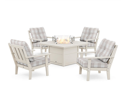 POLYWOOD® Oxford 5-Piece Deep Seating Set with Fire Pit Table in Sand / Buffalo Plaid Dune Burlap
