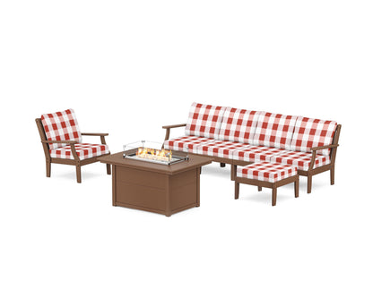 POLYWOOD® Braxton Sectional Lounge and Fire Pit Set in Teak / Buffalo Plaid Crimson