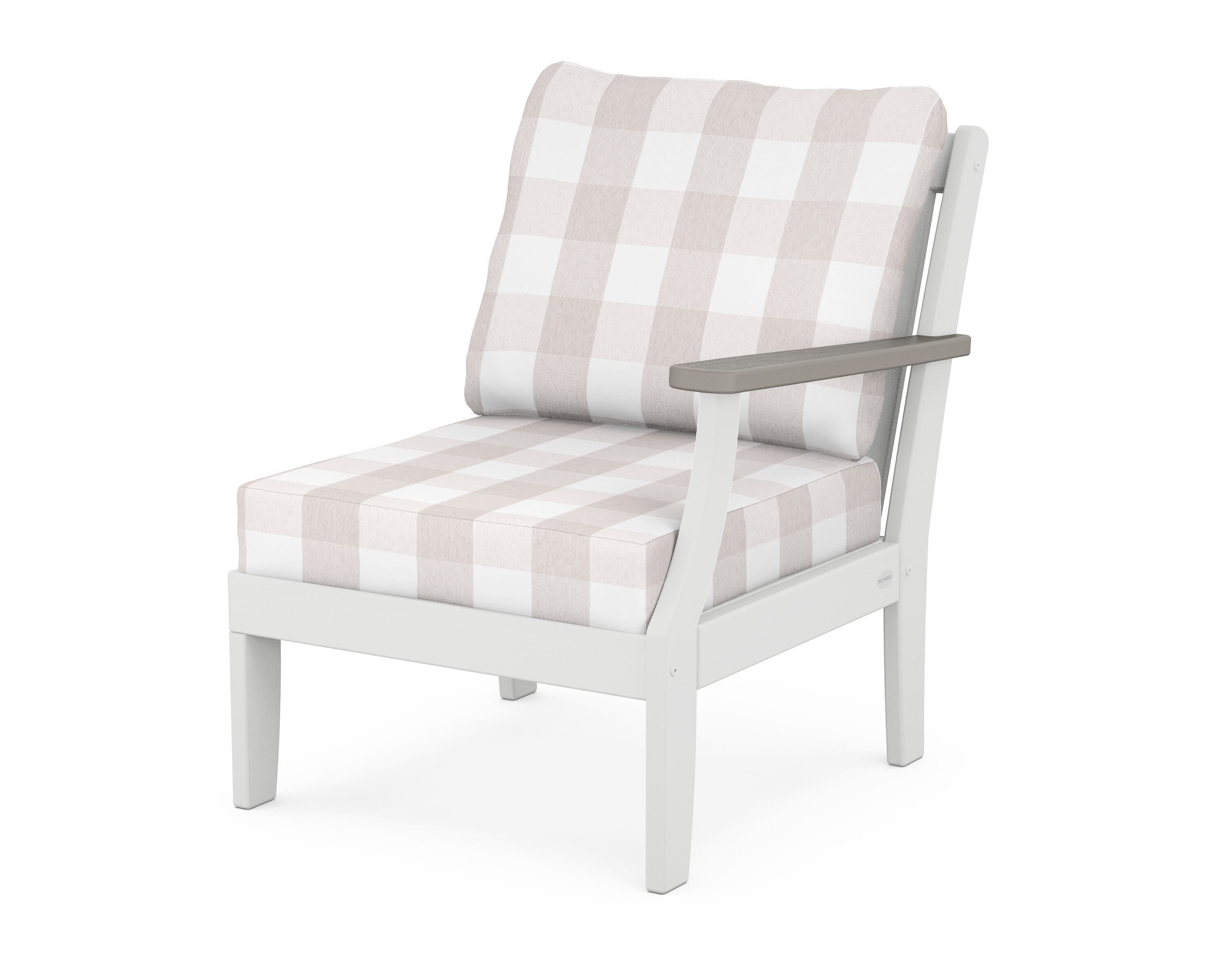 POLYWOOD® Braxton Modular Right Arm Chair in White / Driftwood / Buffalo Plaid Dune Burlap