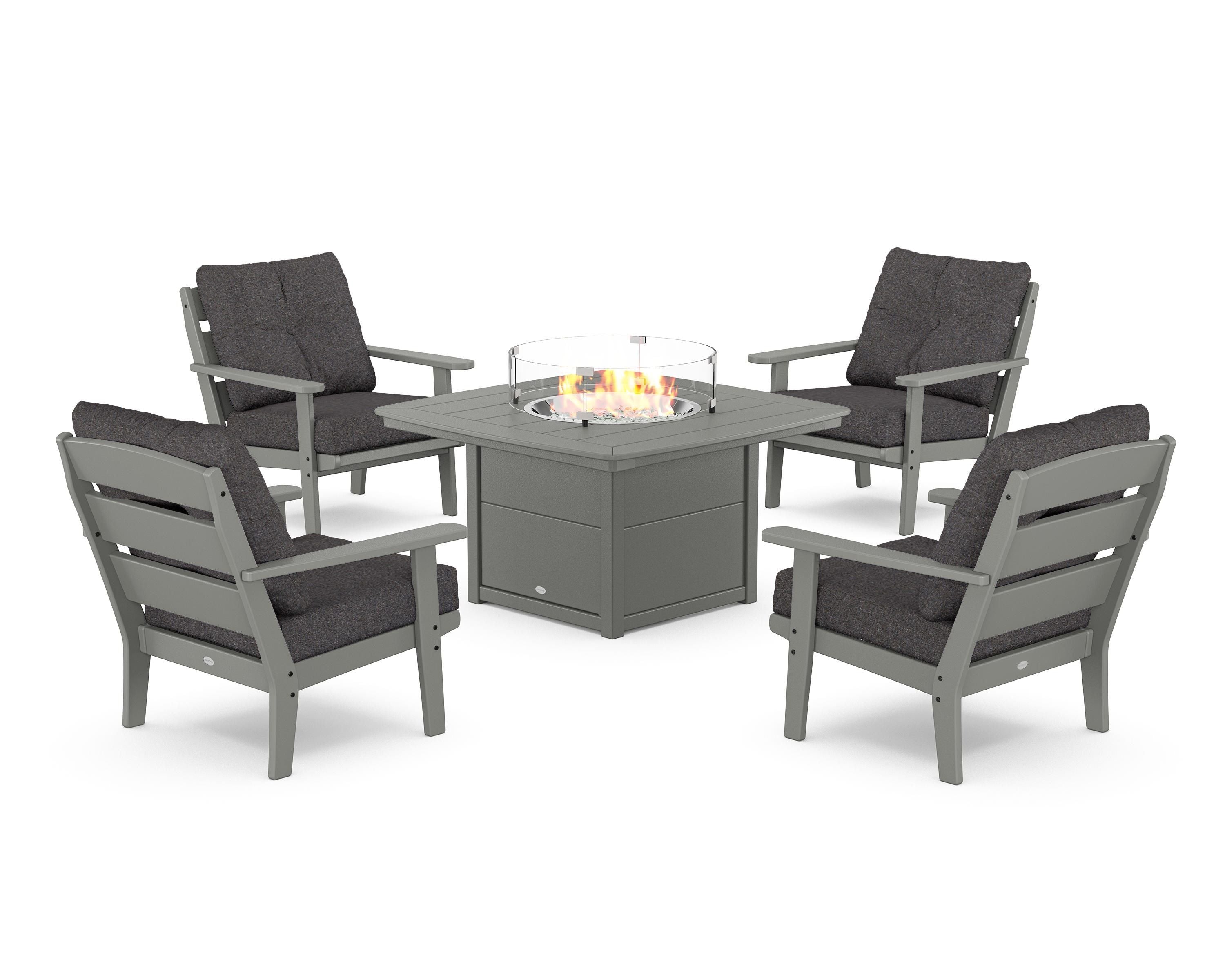 POLYWOOD® Lakeside 5-Piece Deep Seating Set with Nautical Fire Pit Table in Slate Grey / Ash Charcoal
