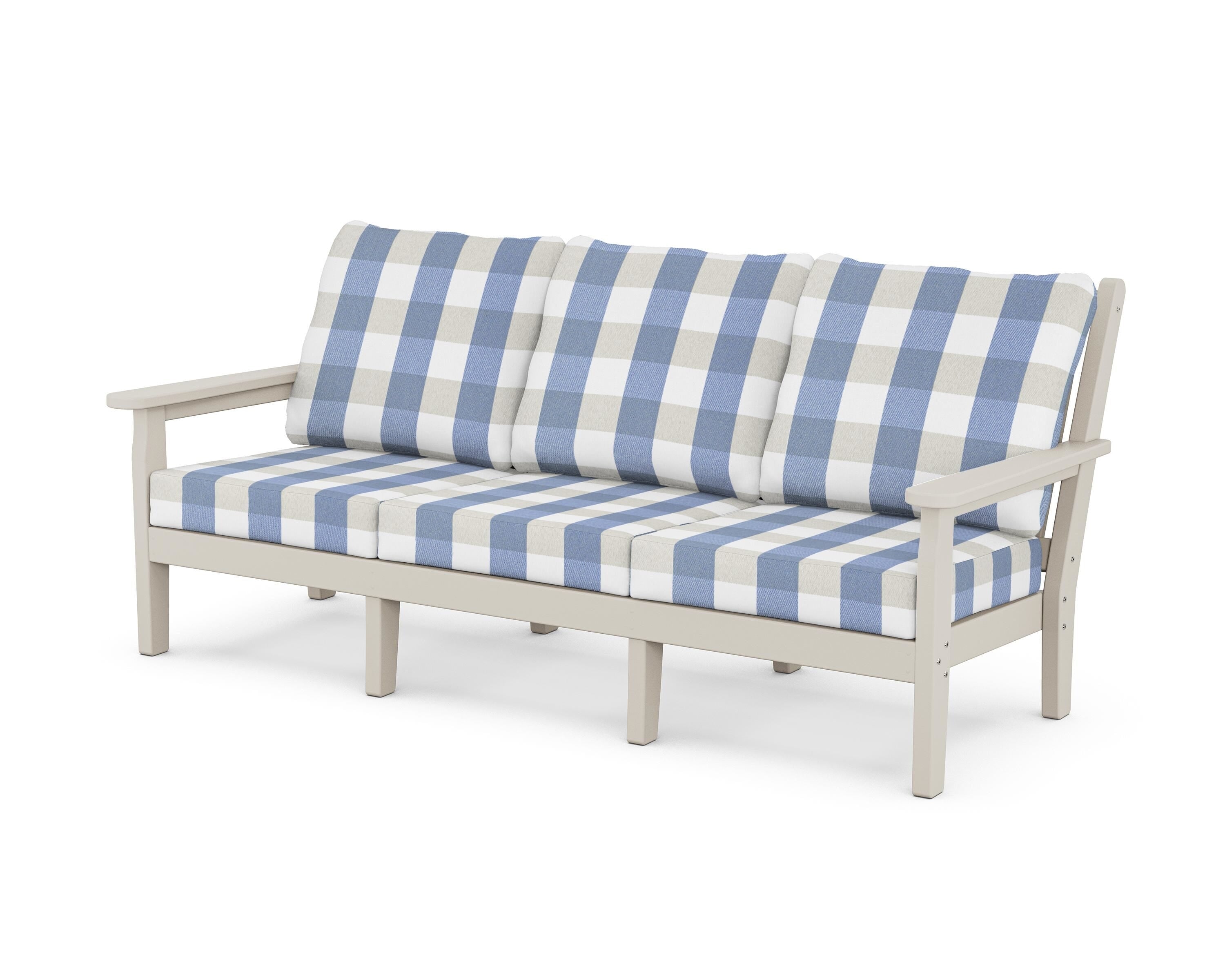 POLYWOOD® Chippendale Deep Seating Sofa in Sand / Buffalo Plaid Sky Blue