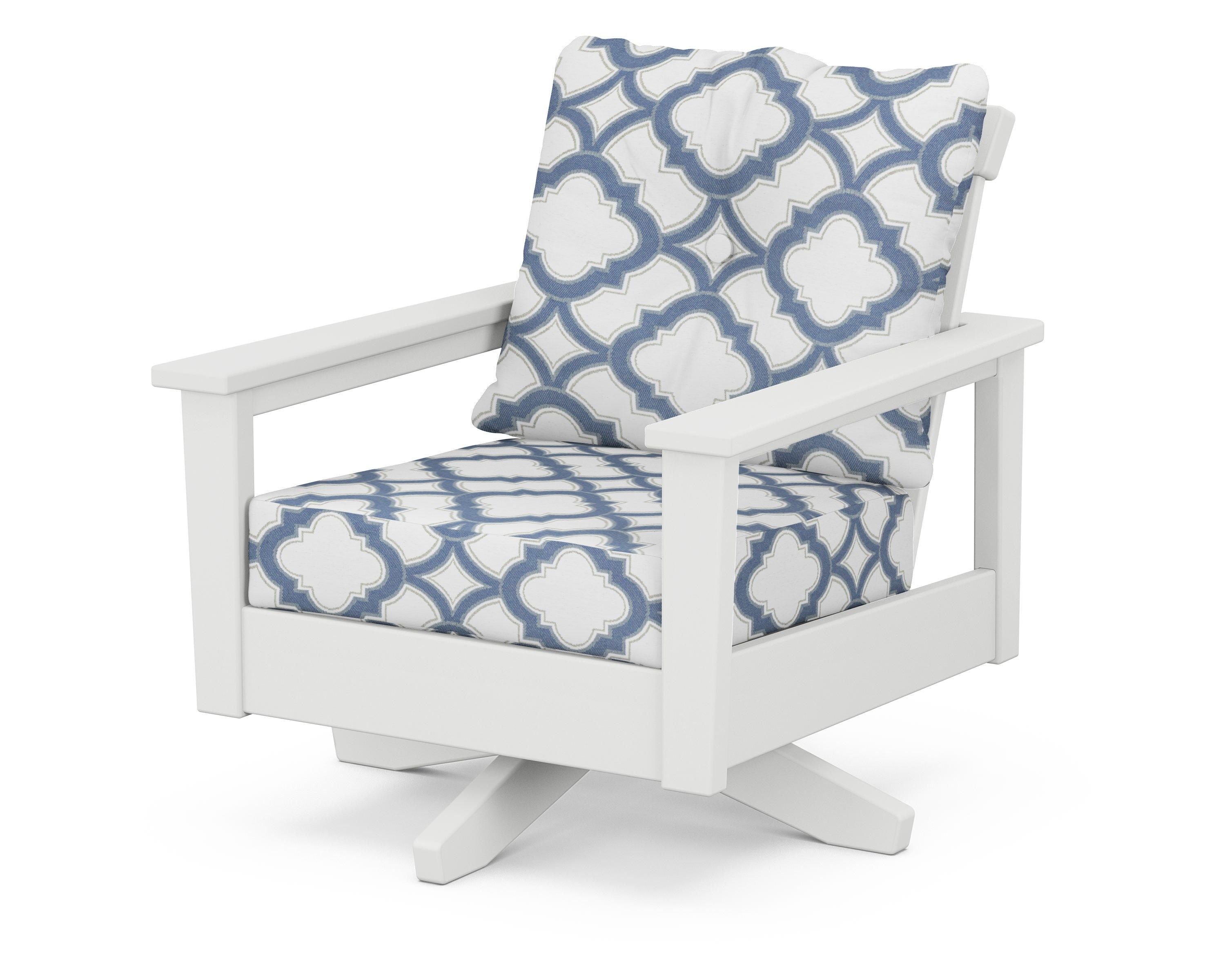 POLYWOOD® Prescott Deep Seating Swivel Chair in White / Trellis Sky Blue